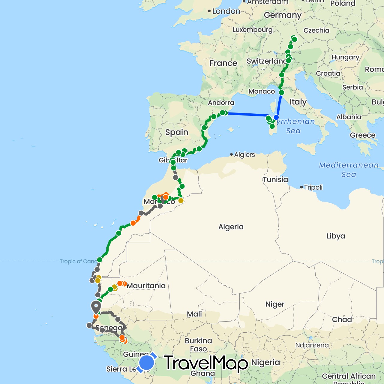 TravelMap itinerary: driving, asphalt, kaputte strasse, sand, schotter, fähre in Austria, Germany, Western Sahara, Spain, Italy, Morocco, Mauritania, Senegal (Africa, Europe)